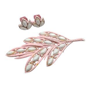 Vintage Pink & White Leaf Brooch and Clip-On Earring Set